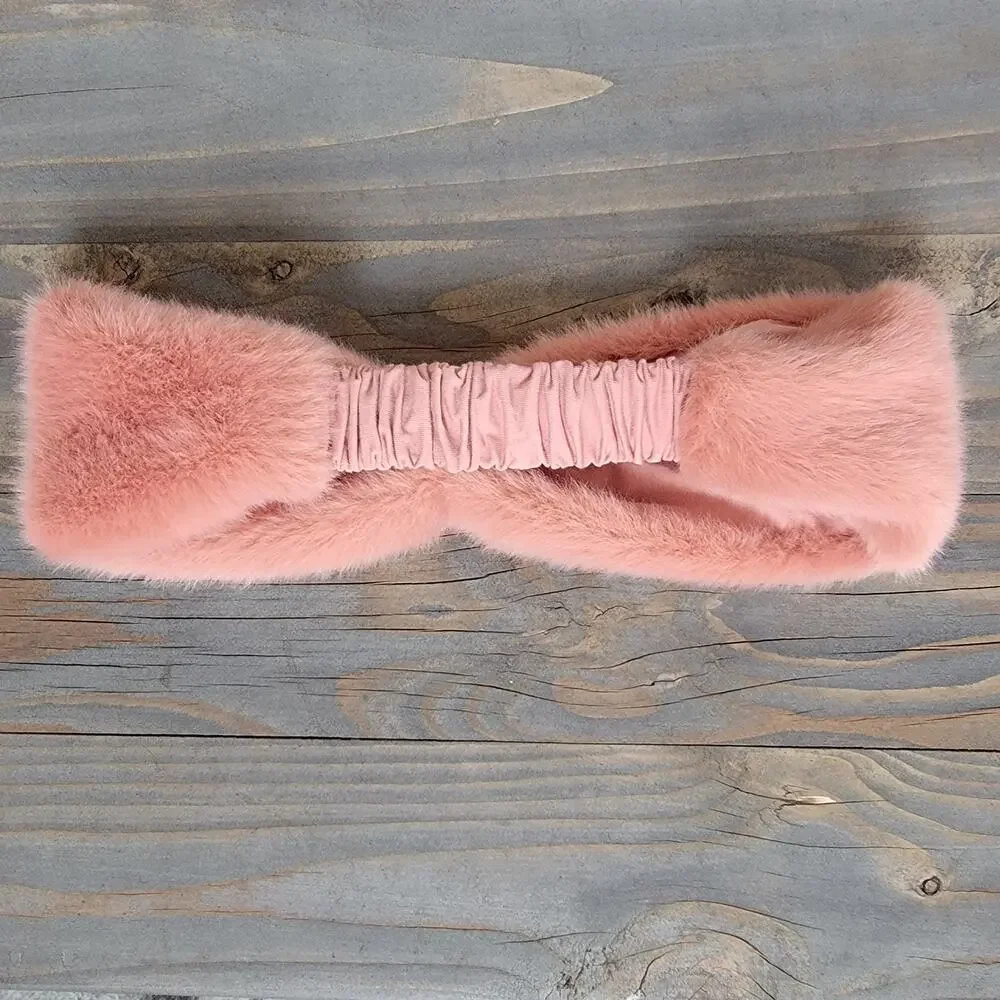 Old Navy Faux Fur Bow Stretch Headwrap Cozy Headband Coral Girls OS‎ EUC